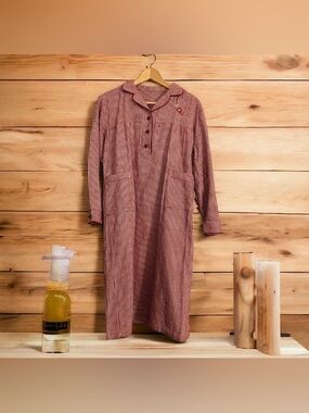 Handmade Red & White Checkered Flannel Nightgown Pockets Floral Medium/Large